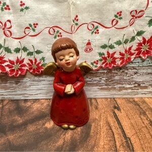 Vintage Parma ceramic red angel with gold wings brunette Christmas decor